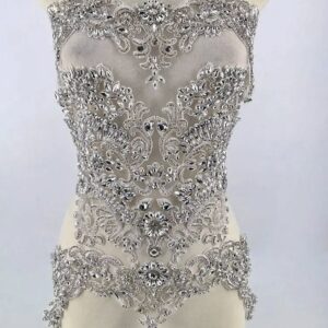 Silver 15x17 Inches Bodice Appliqué – Elegant Embellishment. Luxury Handmade Beaded Crystal Embroidery Bodies Patch Rhinestone Beaded Appliqués for Bridal