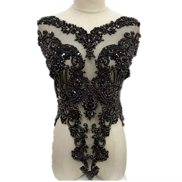 Black 15x17 Inches Bodice Appliqué – Elegant Embellishment. Luxury Handmade Beaded Crystal Embroidery Bodies Patch Rhinestone Beaded Appliqués.