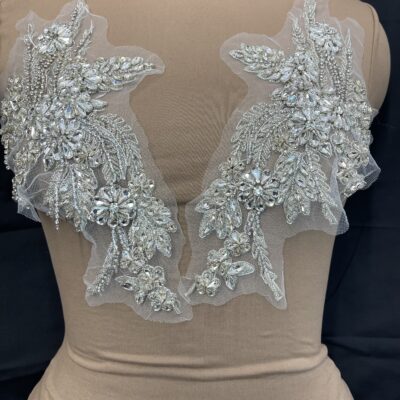 Silver Crystal Hand-Made Beaded Rhinestone Appliqué Patch 01
