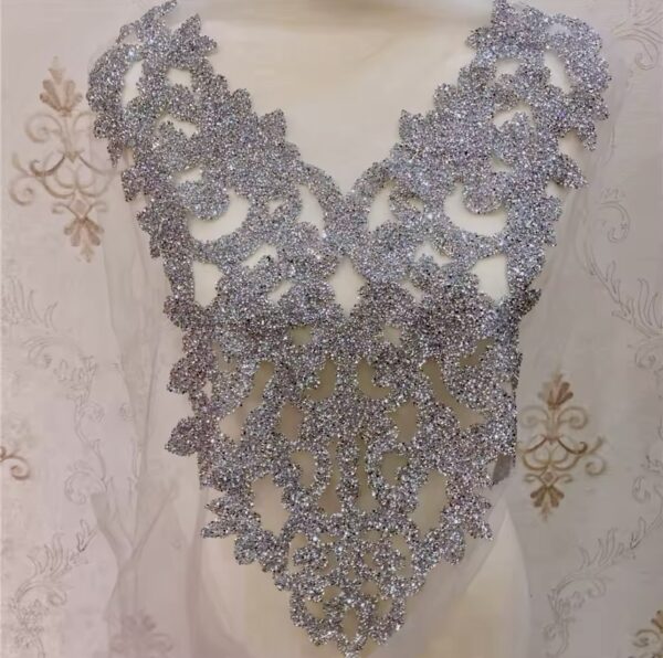 Silver 15 x 17 Inches Glitter Powder Bodice Appliqué – Elegant Embellishment.