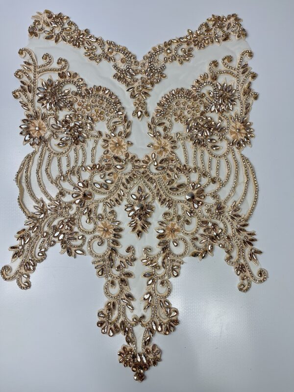 Gold 15 x 17 Inches Luxury Handmade Beaded Crystal Rhinestone Bodice Appliqués - Image 2